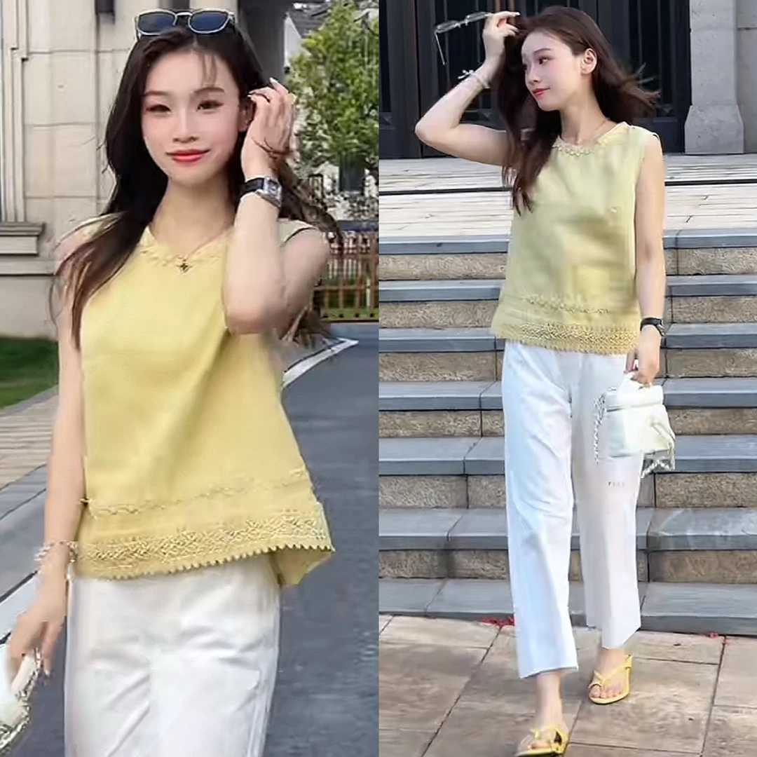 夏季爆款巨好看两件套女装无袖背心小衫+阔腿休闲裤时尚爆款套装