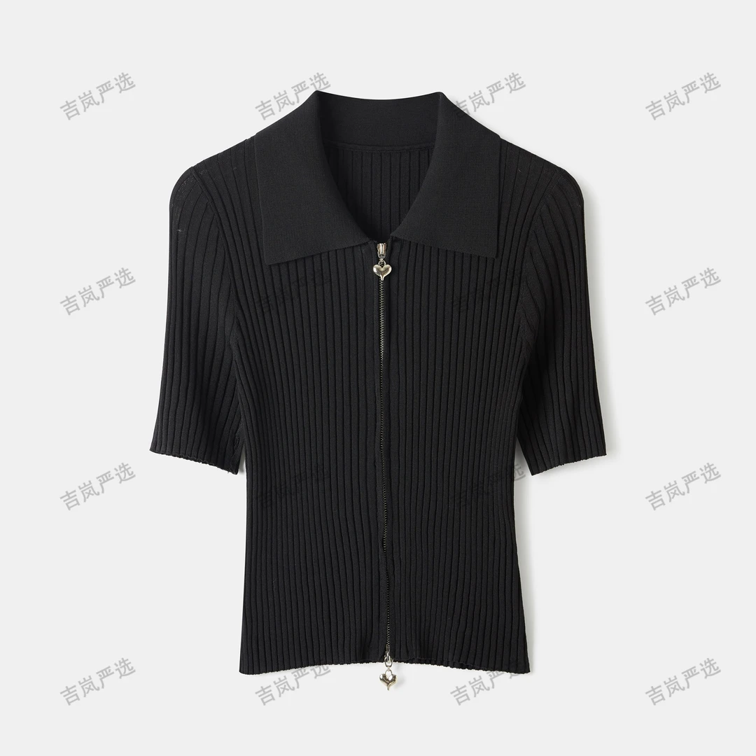【吉岚严选】夏季百搭短款气质显瘦修身翻领设计感针织衫24015