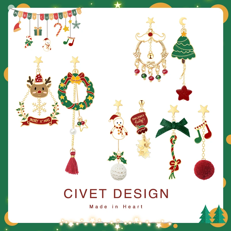 合金耳饰 原创花环雪人圣诞节耳环可爱甜美银耳钉简约百搭耳夹女