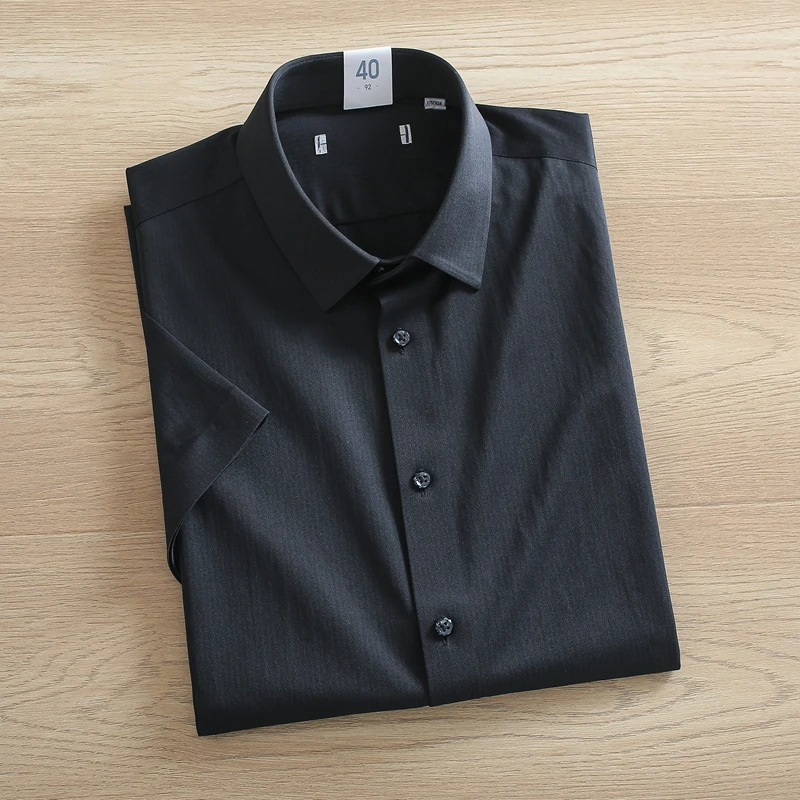 无痕免烫H系撤柜男装纯黑色短袖衬衫男款商务休闲通勤百搭黑衬衣