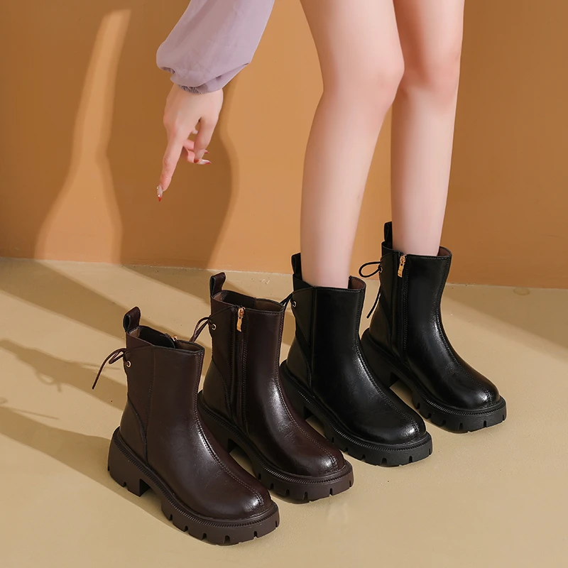 意式轻奢厚底侧拉链马丁靴女秋冬手抓骑士短靴复古机车靴