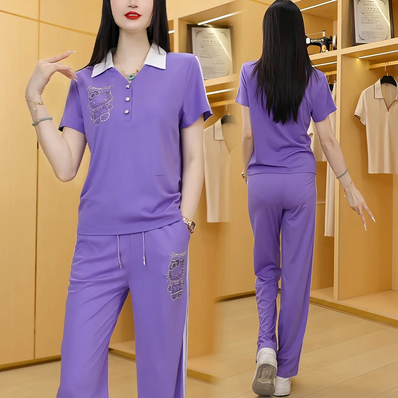 翻领运动服套装女夏季2025年新款时尚显瘦女装减龄显瘦短袖两件套