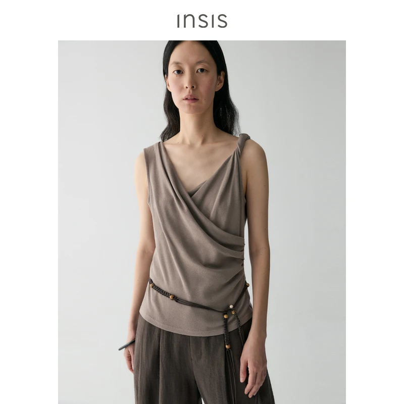 INSISFEMME扭转肩带不对称V领上衣FN25221215