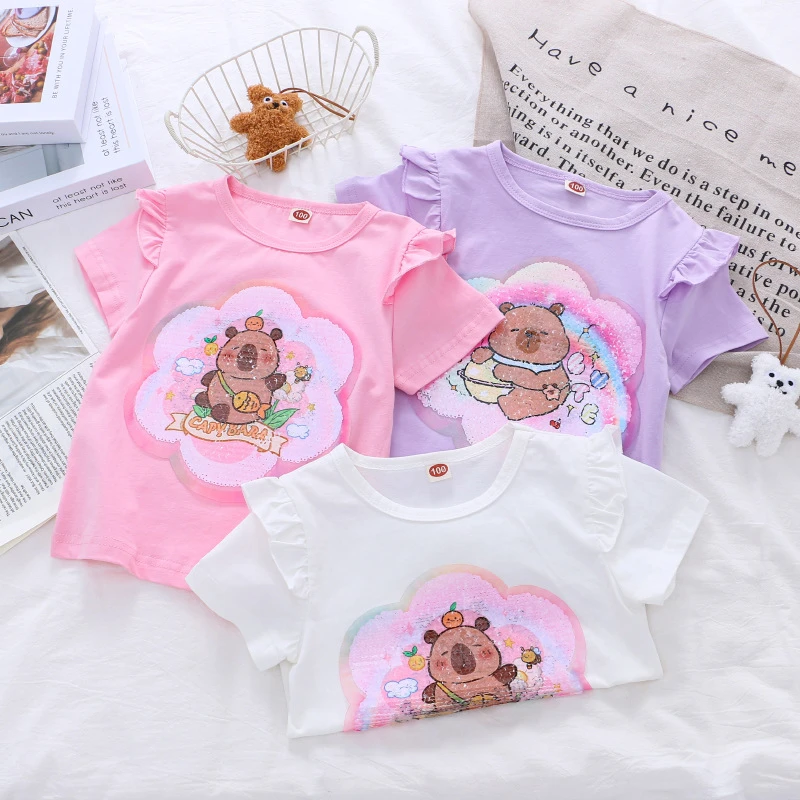 女童夏季新款短袖小女孩双面变色亮片T恤儿童薄上衣棉质衣服