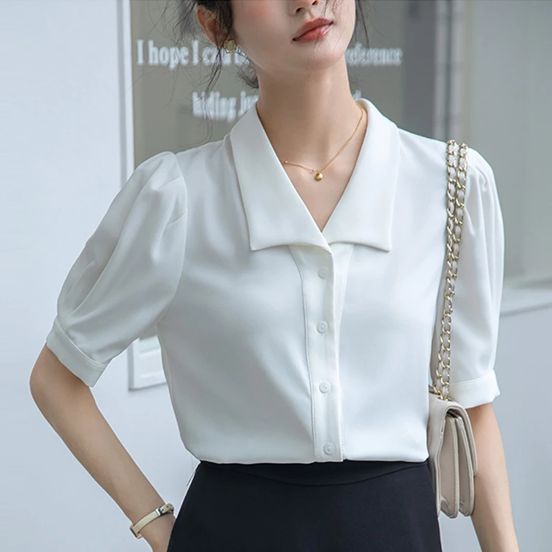 法式气质短袖缎面衬衫女士夏季职业通勤设计感上衣面试小个子衬衣