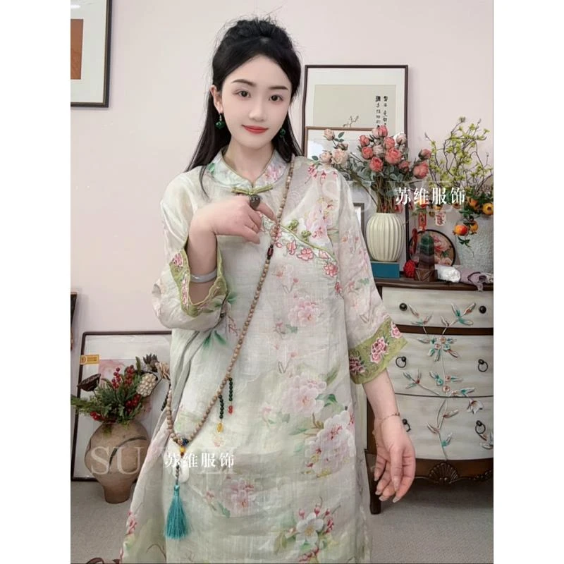 1815国风新中式复古文艺苎麻刺绣长袖连衣裙