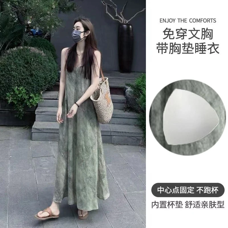 带胸垫一体夏季睡衣水墨印花中式显瘦睡裙新款吊带