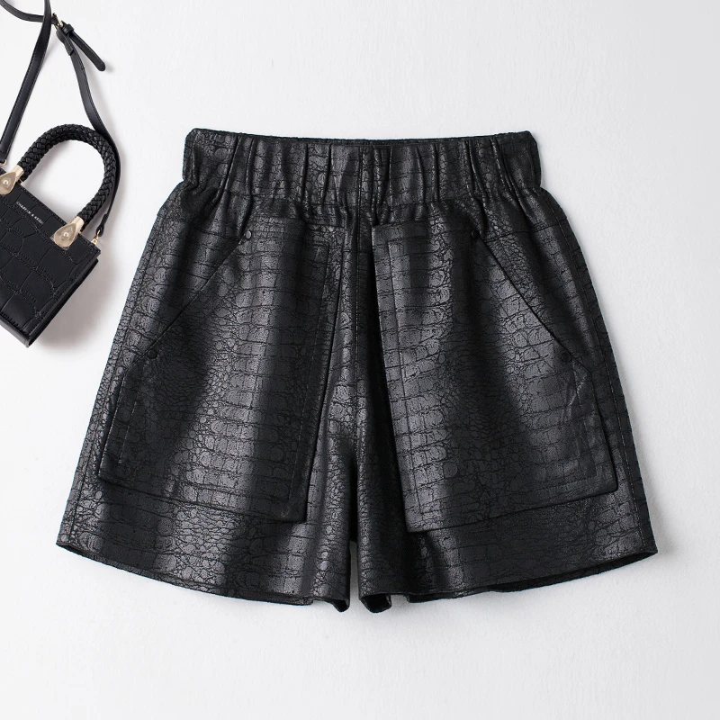 海宁真皮女士皮裤松紧高腰时尚短裤秋冬新款百搭外穿阔腿裤休闲裤