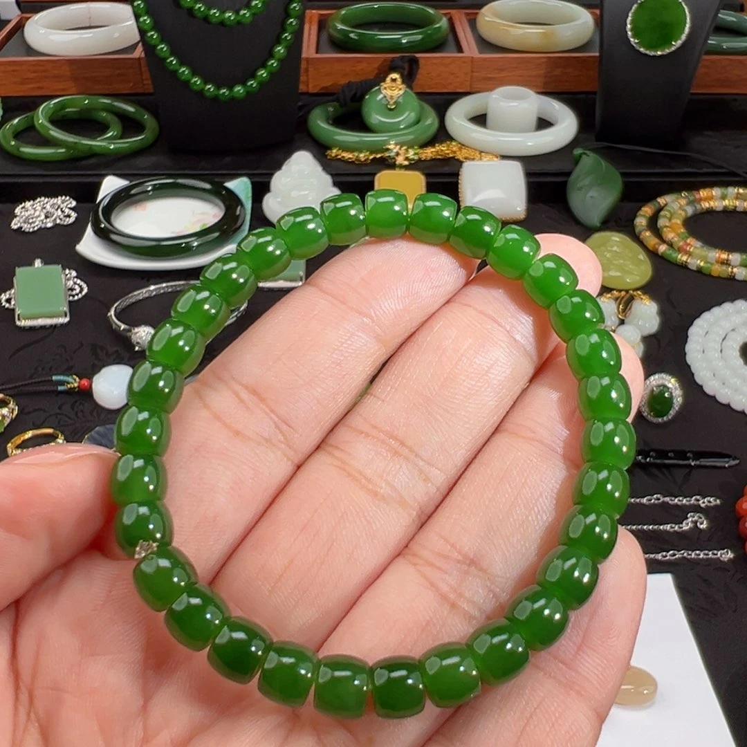 和田玉（碧玉）未镶嵌手串辣绿帝绿6/7mm直切珠手串