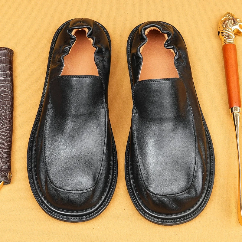 网红爆款软面皮鞋男款2025夏季真皮透气英伦大头松紧带懒人乐福鞋