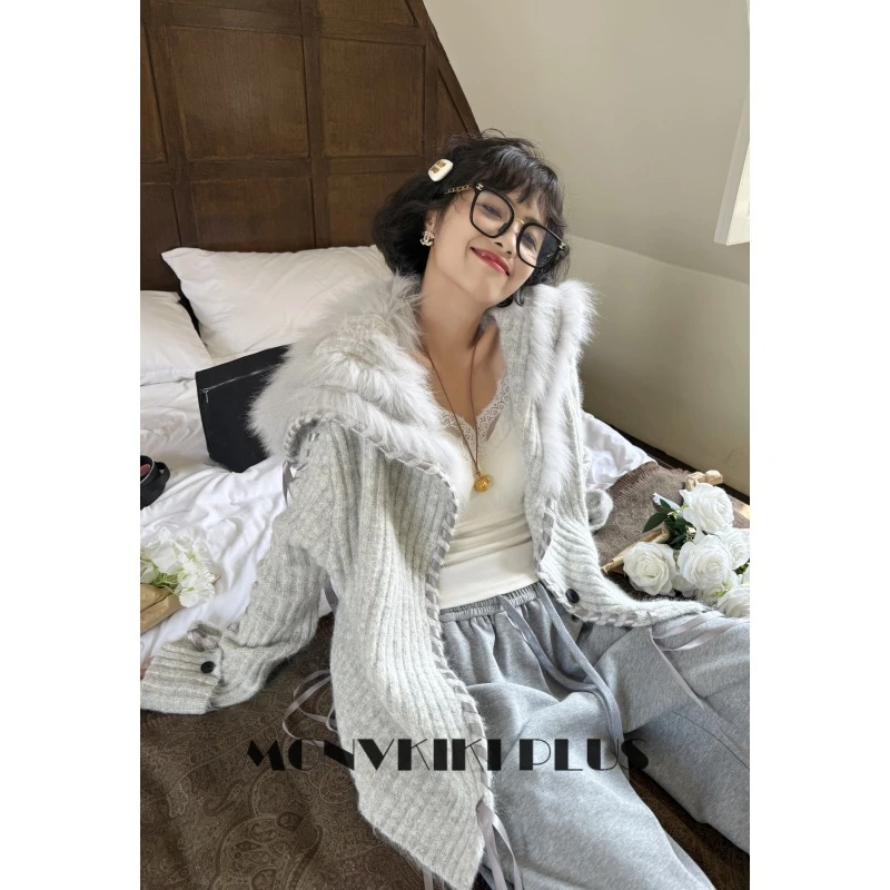 MoNvKiKiPlus7「瞳光」大码微胖宽松大毛领百搭加厚毛衣外套#B221