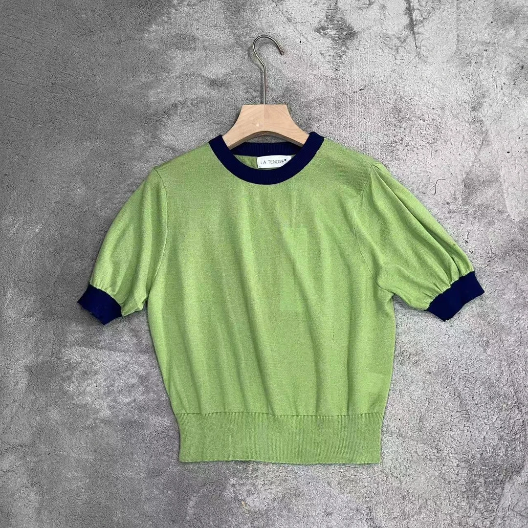 25早春韩版减龄绿色针织全棉短袖上衣