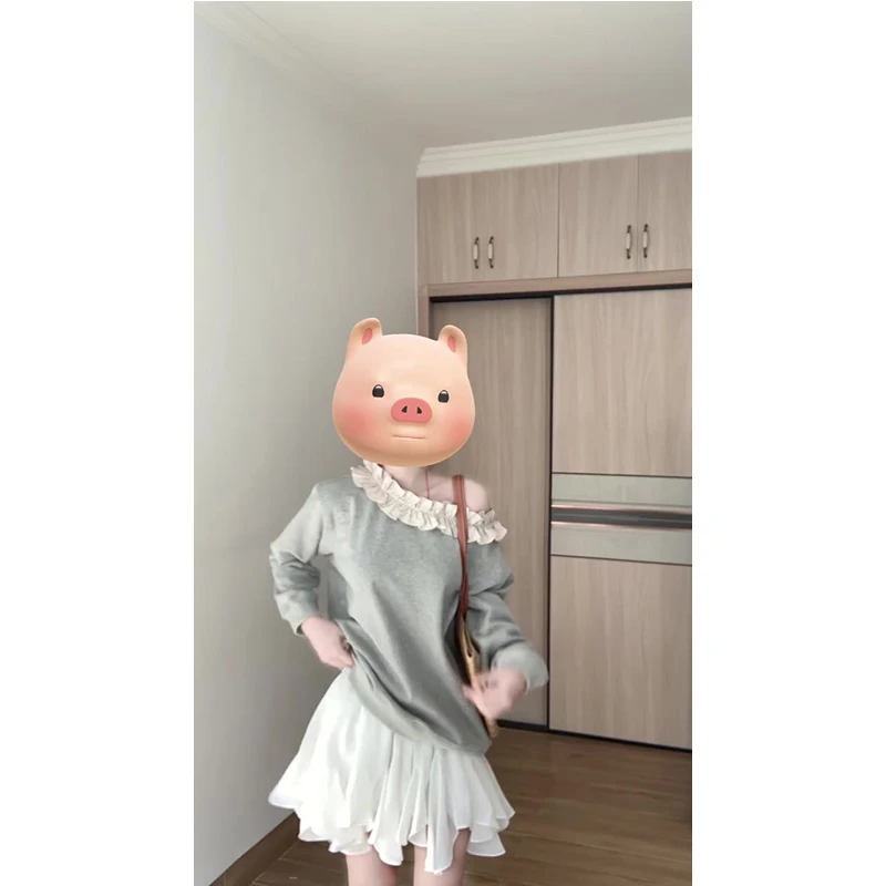 学院风花边一字领可斜肩两穿灰色卫衣女春季宽松上衣半身裙套装