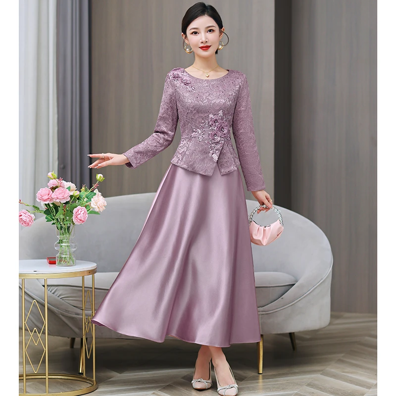 贵夫人喜婆婆婚宴会紫色连衣裙新款秋冬修身中年妈妈高贵洋气长裙