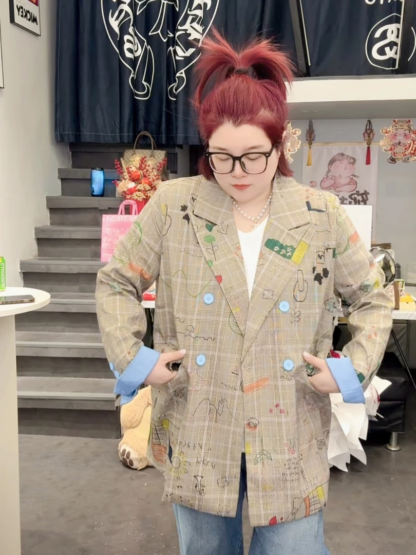 涵涵家~韩系涂鸦格子西装外套女小个子西服上衣#2457