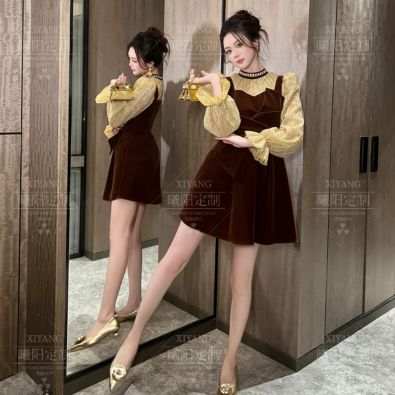 小个子洋气时尚赫本风假两件名媛方领拼接显瘦气质连衣裙31165