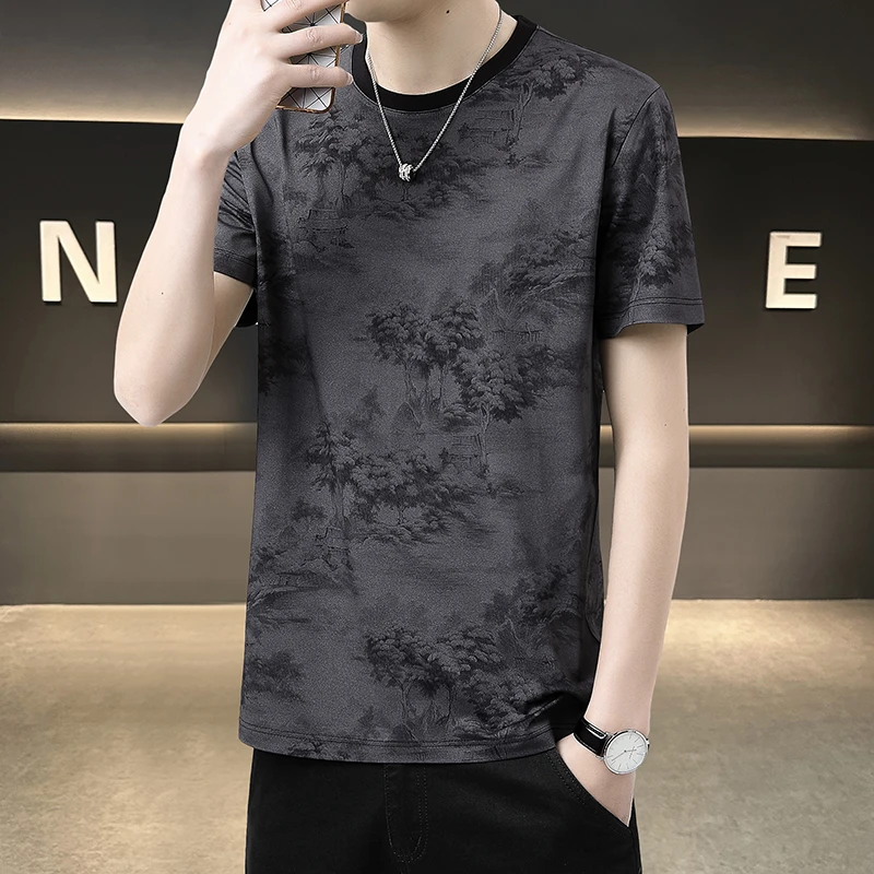 国潮肌理印花专柜高级感潮牌短袖T恤男士衣服夏季宽松半袖体恤男
