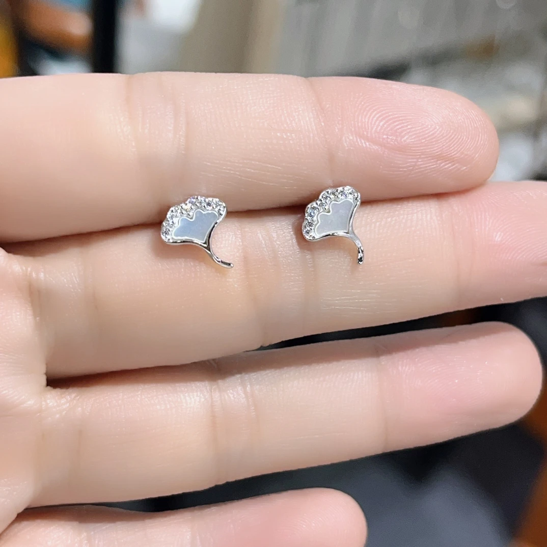 925银耳饰 弯钩贝壳银杏叶耳钉通体纯银