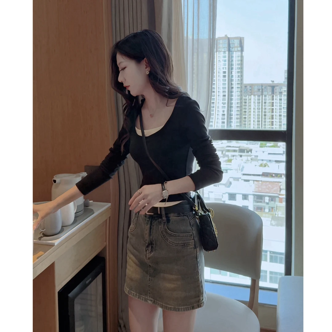 假两件U领长袖T恤女2025新款春秋甜美气质内搭修身显瘦上衣