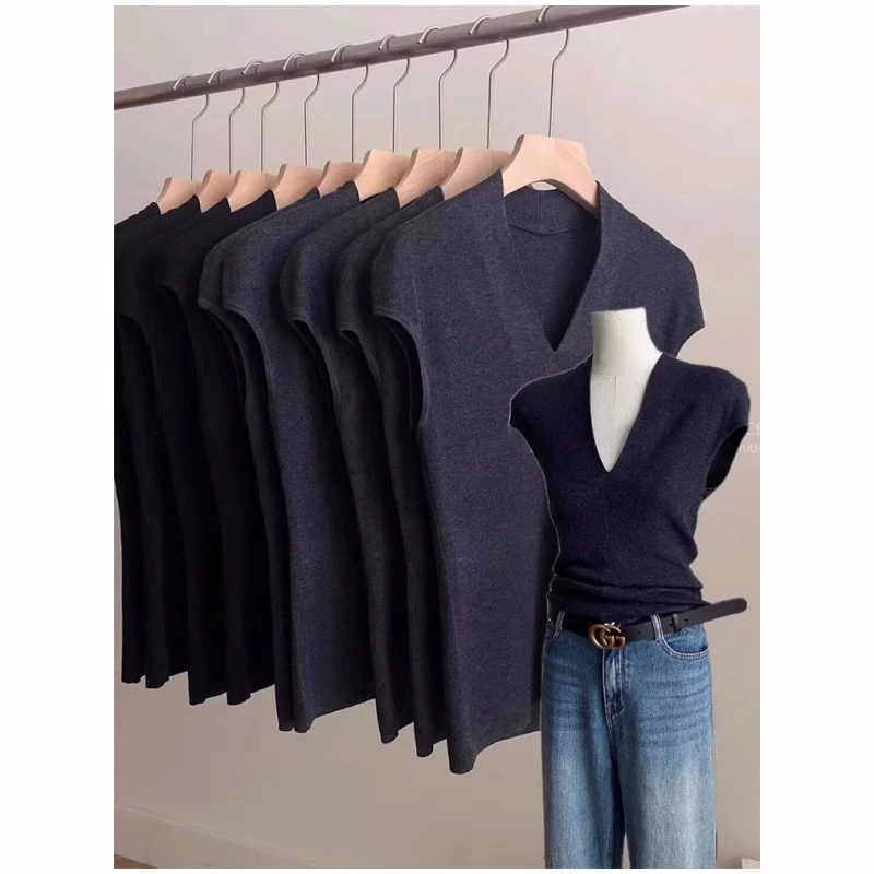 欧货灰色v领冰丝针织短袖t恤女夏季修身弹力高端品牌小飞袖上衣薄