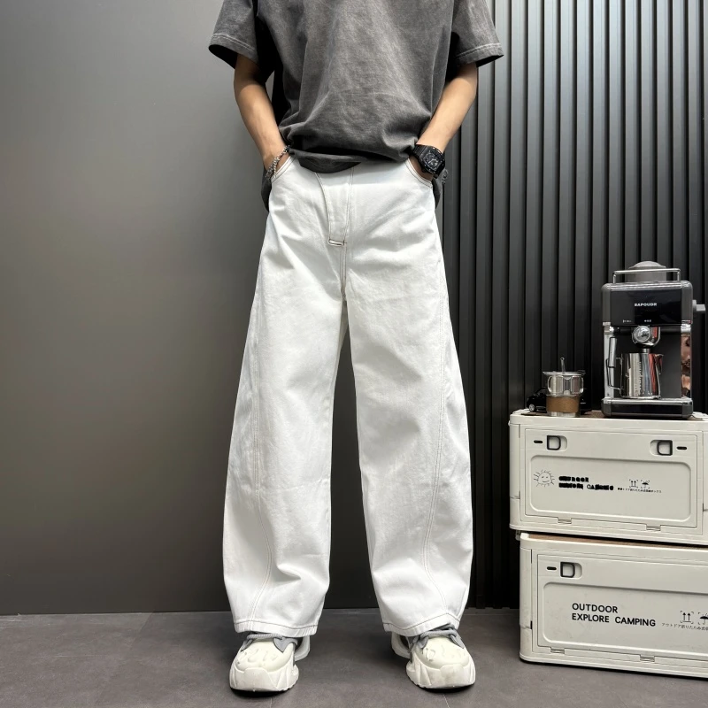 弯刀纯色白色牛仔百搭阔腿裤新款男士宽松美式美式白色阔腿牛仔裤
