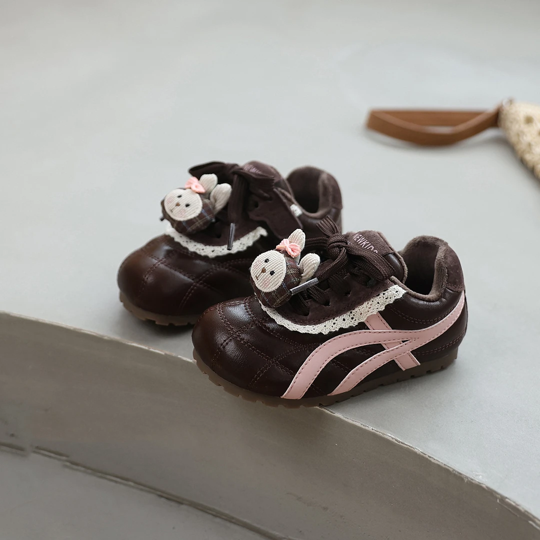 2025冬季款韩系卡通布偶儿童德训鞋女童公主运动鞋皮面加绒阿甘鞋