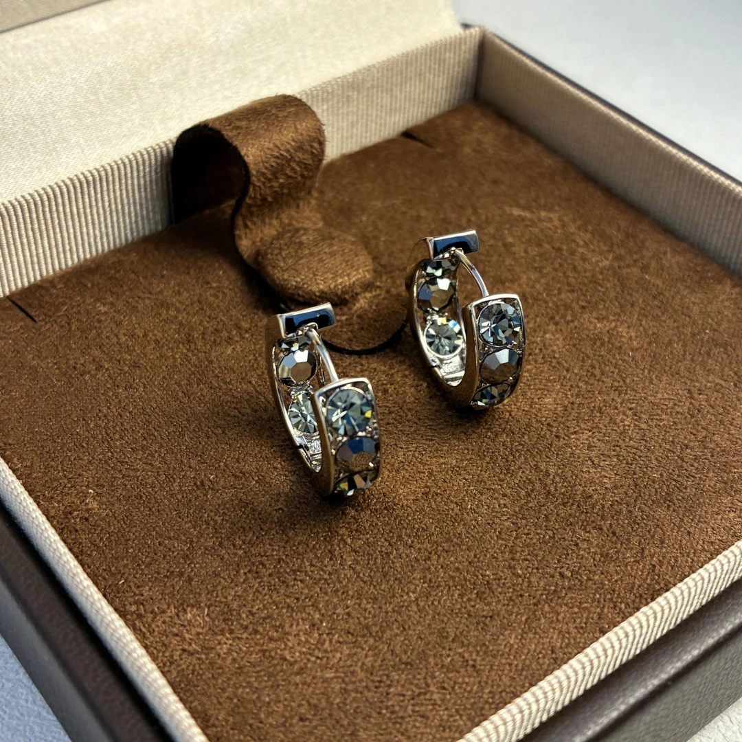 铜合金锆石耳饰 镀K金925银针900号黑灰色锆石耳扣