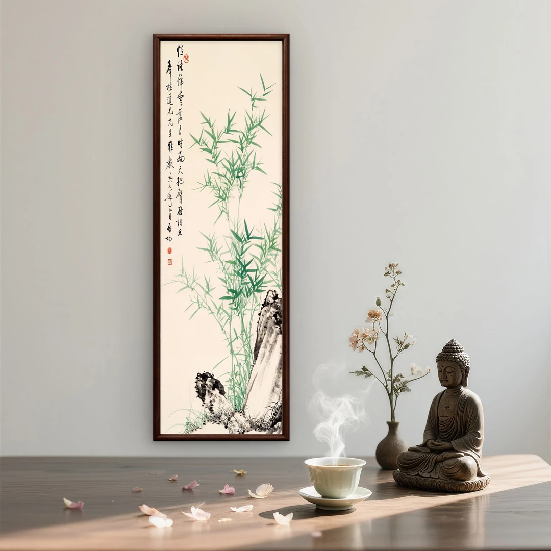 9697 -40*120绿色竹石图装饰画实木玄关书房茶室客厅挂画