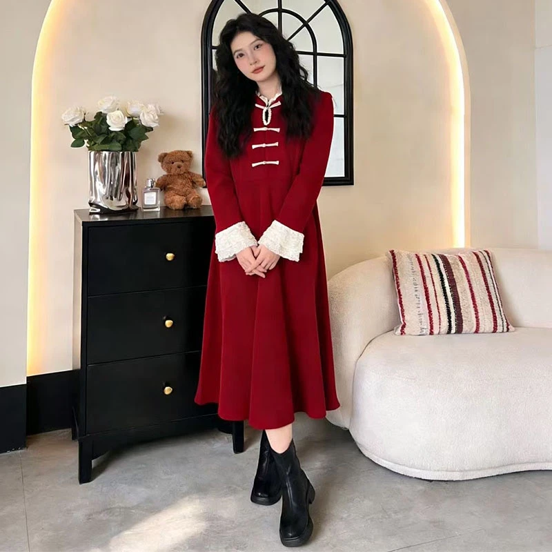 秋冬新中式轻奢时尚百搭显瘦大码连衣裙长裙气质洋气红色收腰裙子