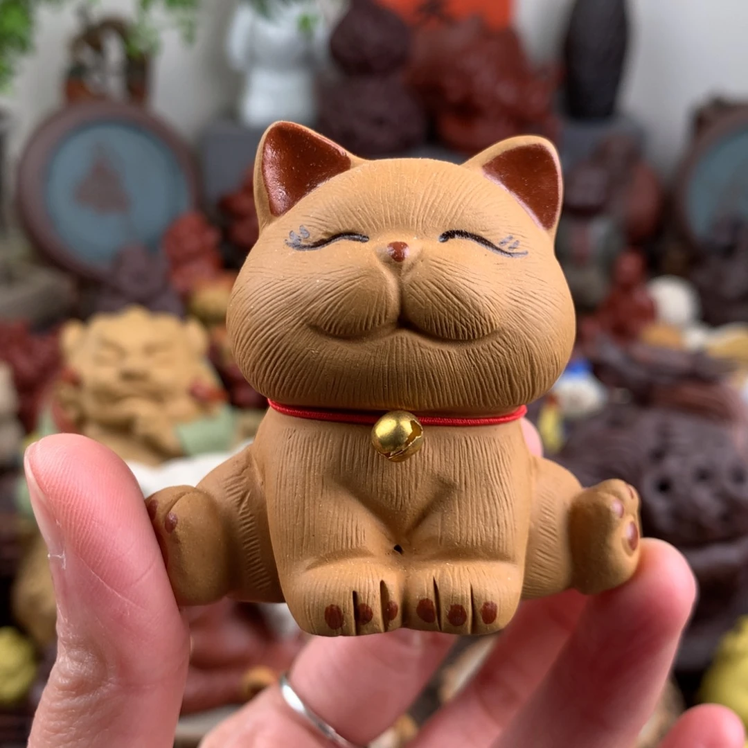 紫砂茶宠劈叉招财猫段泥