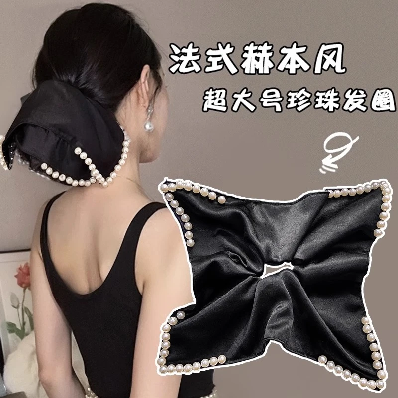 赫本风黑色方巾方形发圈头饰高级感轻奢珍珠马尾半扎发发圈发饰