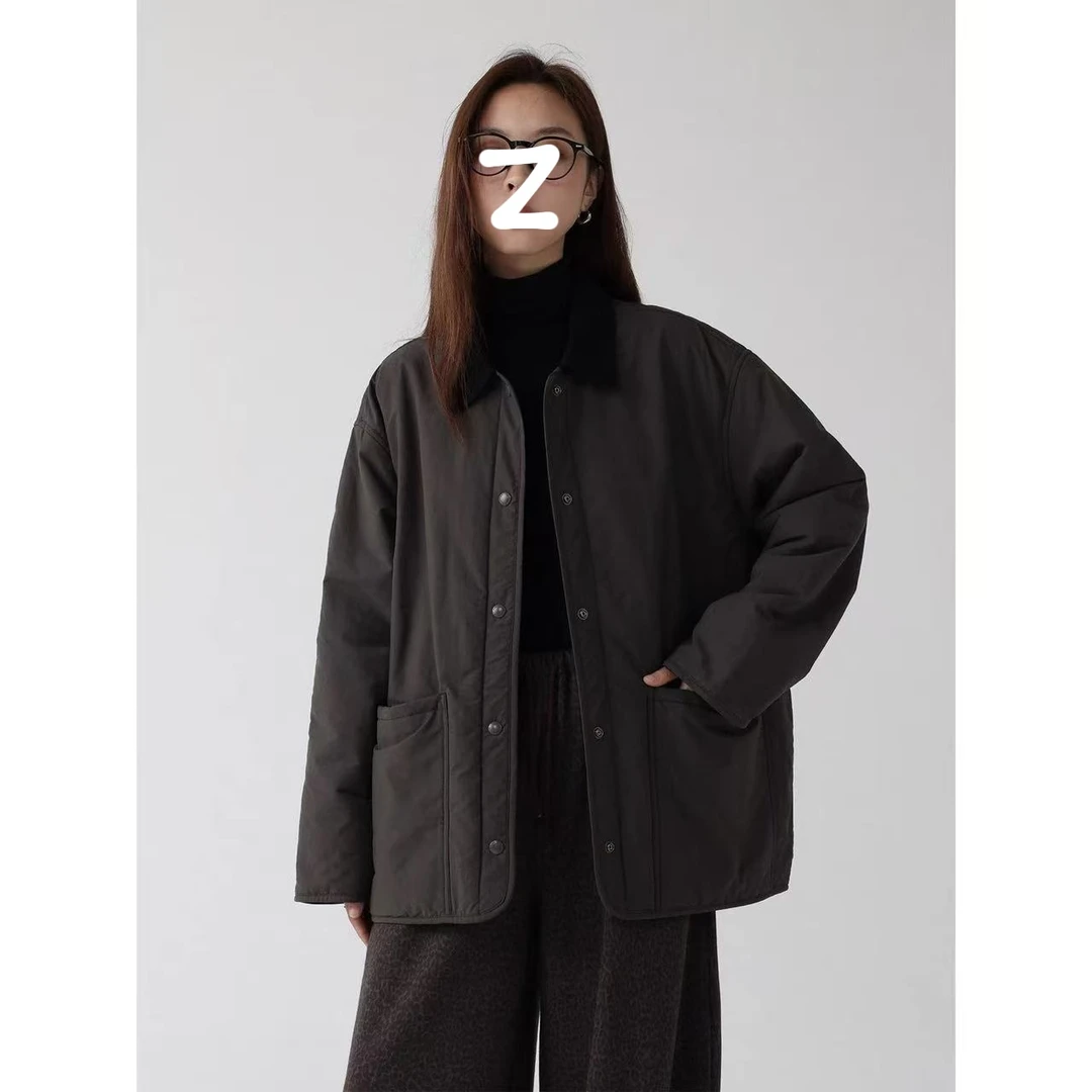 拼接撞色领宽松阔版2025秋季厚款长袖棉服中长款外套