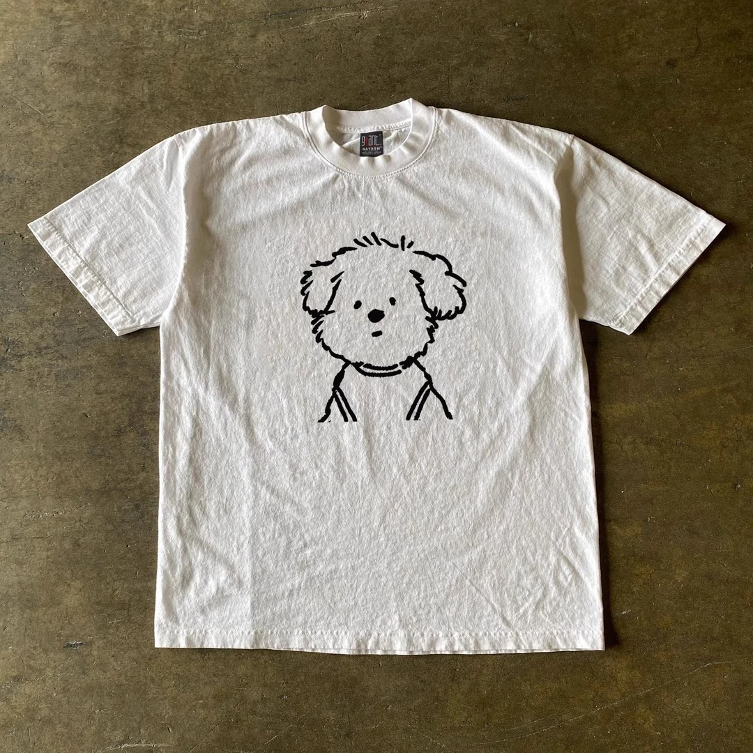 夏季短袖圆领宽松余华潦草狗印花t恤男生男装重磅纯棉休闲情侣tee