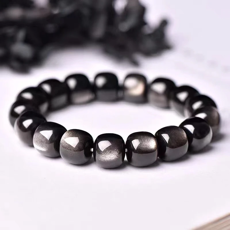 天然银曜石老型桶珠手串银曜石手链单圈猫眼石送男女友礼物情侣款