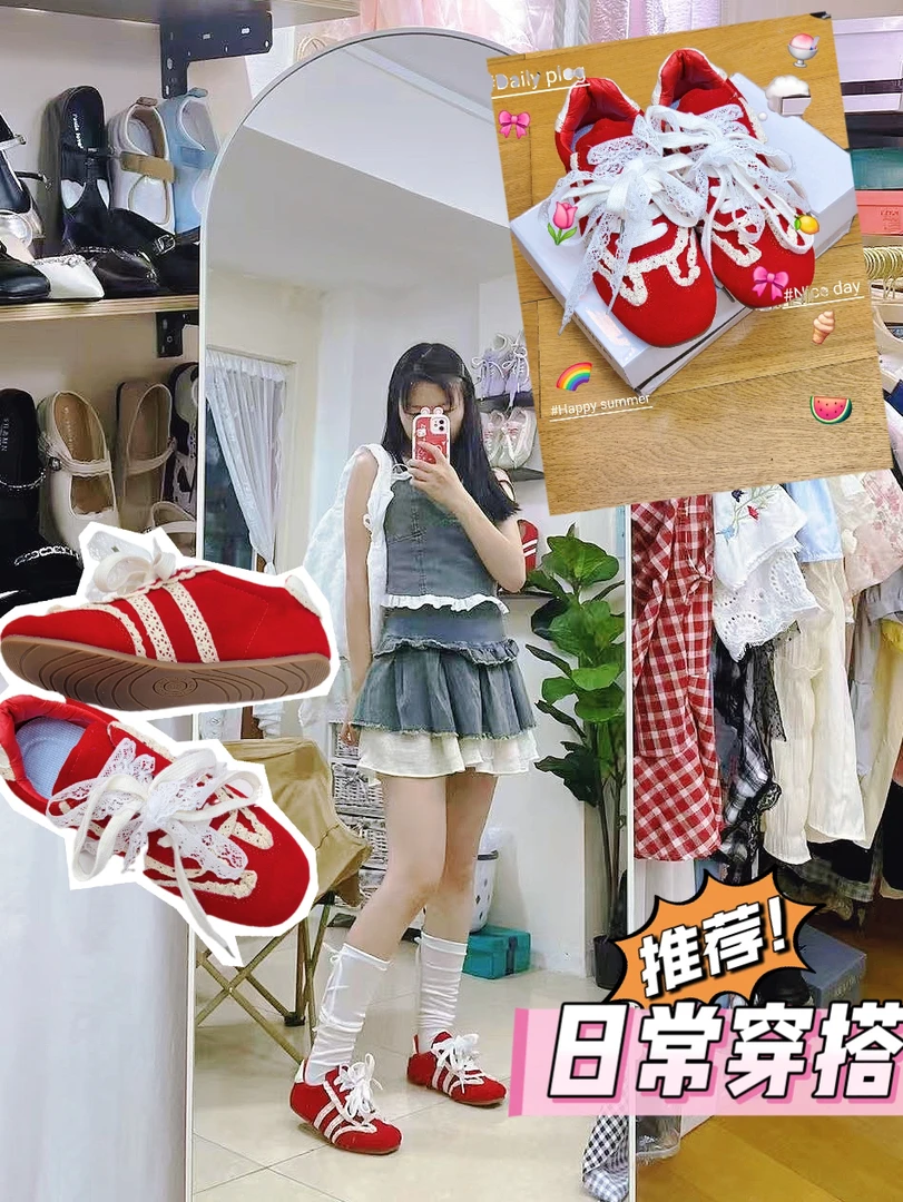 爆款拼接蕾丝复古德训鞋2025年春夏韩国甜美风格百搭舒服