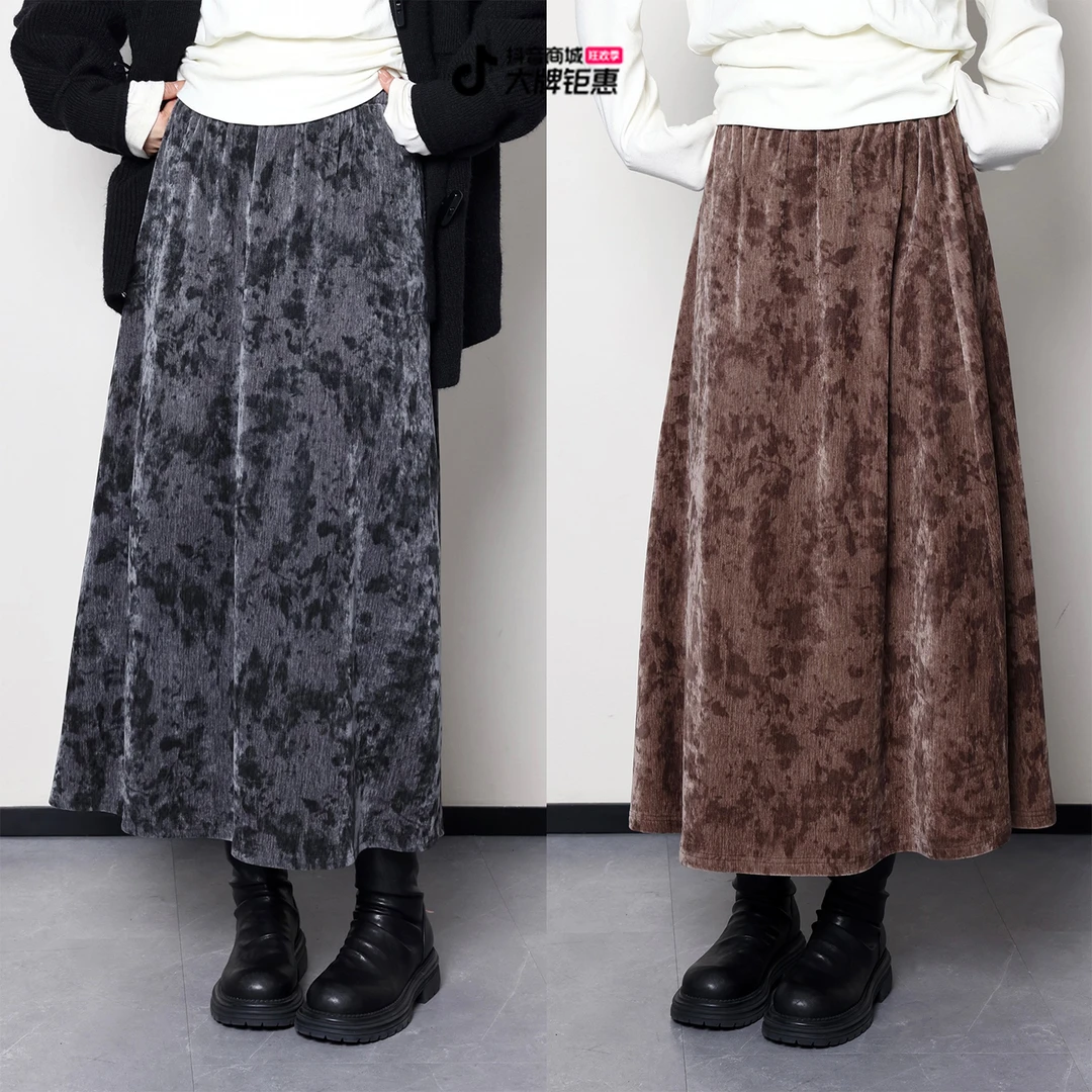 QC宣宣【松烟入墨】微胖大码女冬季时尚气质丝绒印花伞裙ZY411H43