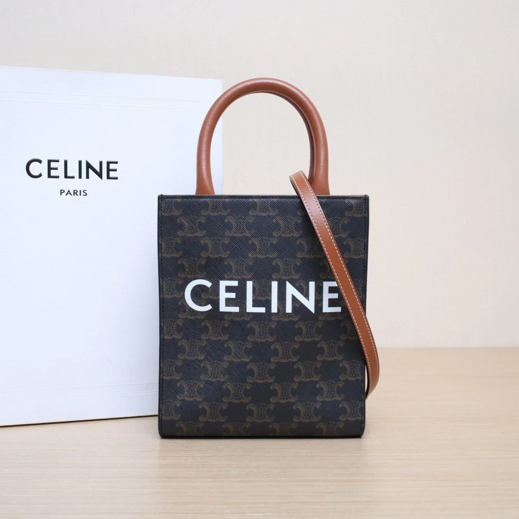 95新 Celine/思琳 【双双】竖款手袋 Mini 凯旋门印花 褐色
