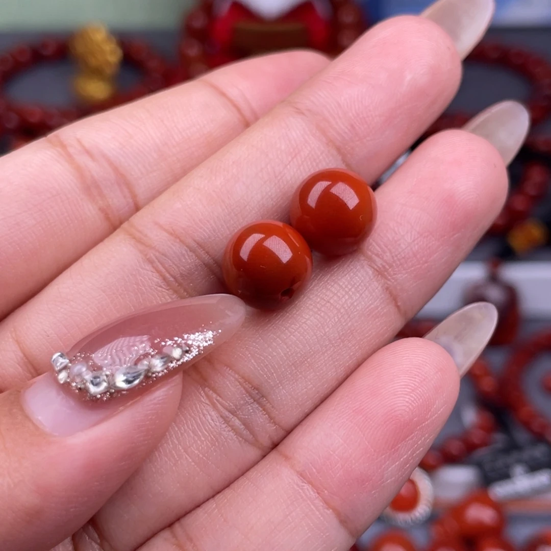 南红玛瑙未镶嵌其他全原矿）10mm瓦西柿子红双色满肉对珠