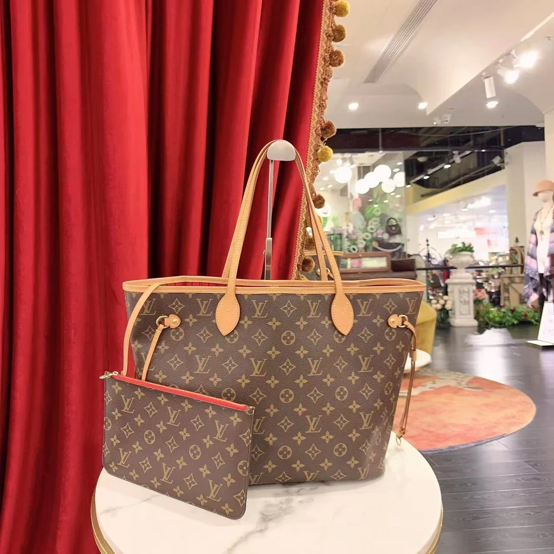 95新 LouisVuitton/路易威登 neverfull中号老花金单肩包56014437
