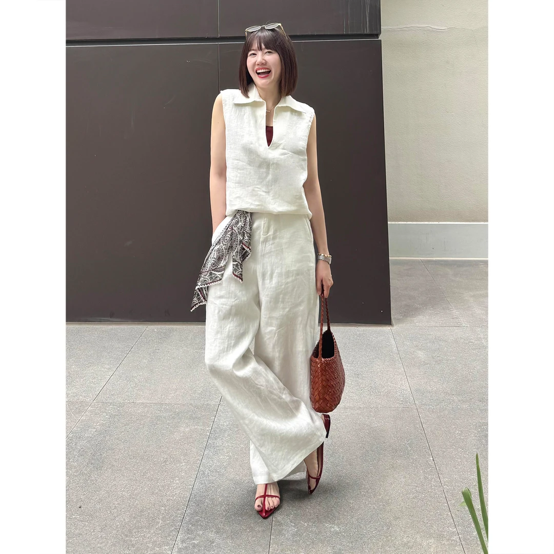 法式高级感亚麻衬衫套装女夏季清冷感翻领无袖背心阔腿裤两件套