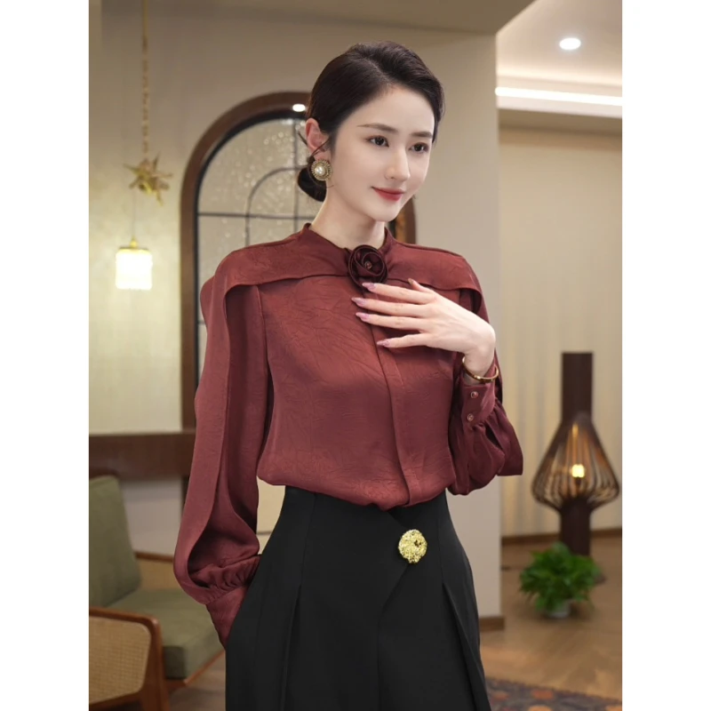 2025早秋新款【X24-Q210】婚礼法式时尚洋气喜妈妈酒红色衬衫上衣女