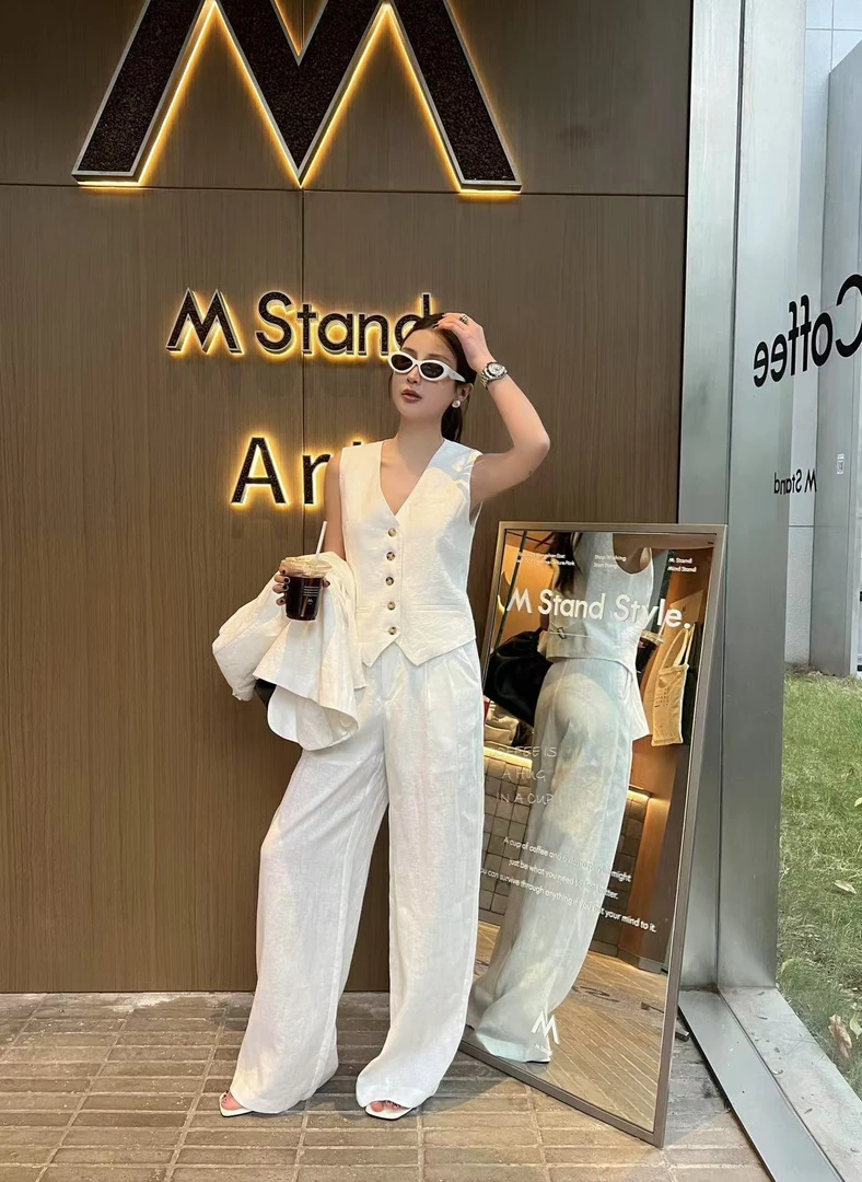 【艾米AMY-马甲】早春V领一排扣亚麻松弛慵懒都市西装马甲25009