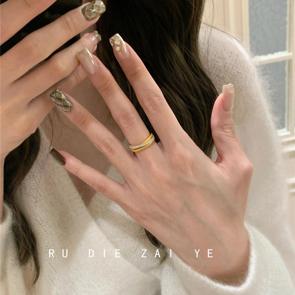 中古金色拉丝戒指轻奢高级戒指轻奢小众高级感开口复古时尚指环女