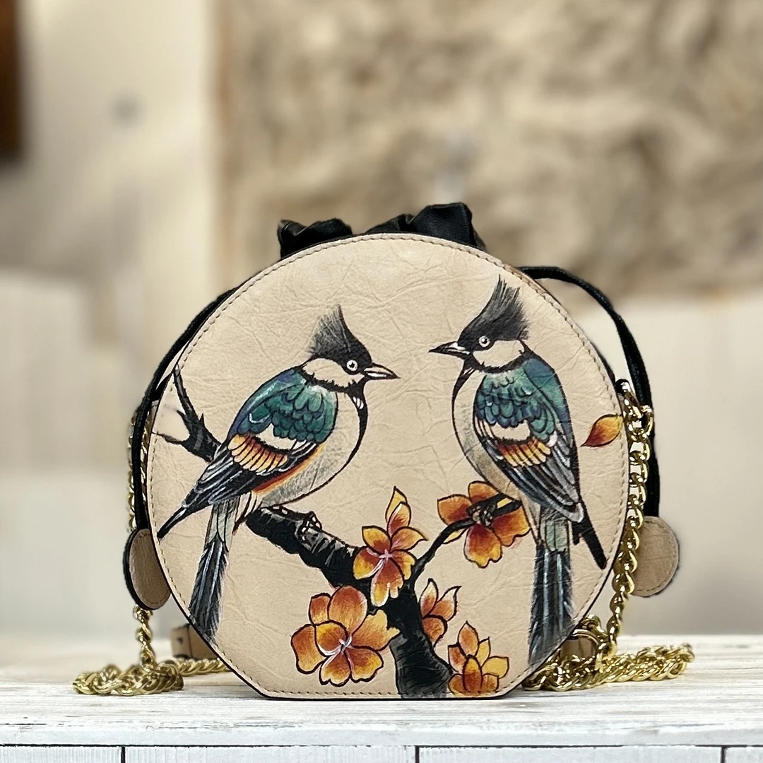 原创设计手工彩绘真皮女款圆饼女包时尚斜挎包单肩女包百搭包包