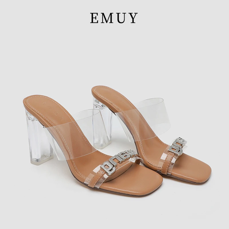 emuy字母水钻高跟鞋新款仙女风轻奢鞋子粗跟拖鞋外穿透明凉鞋女夏