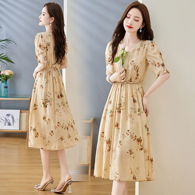 鑫灿红屋女装20225现货新品子母条气质舒适印花连衣裙