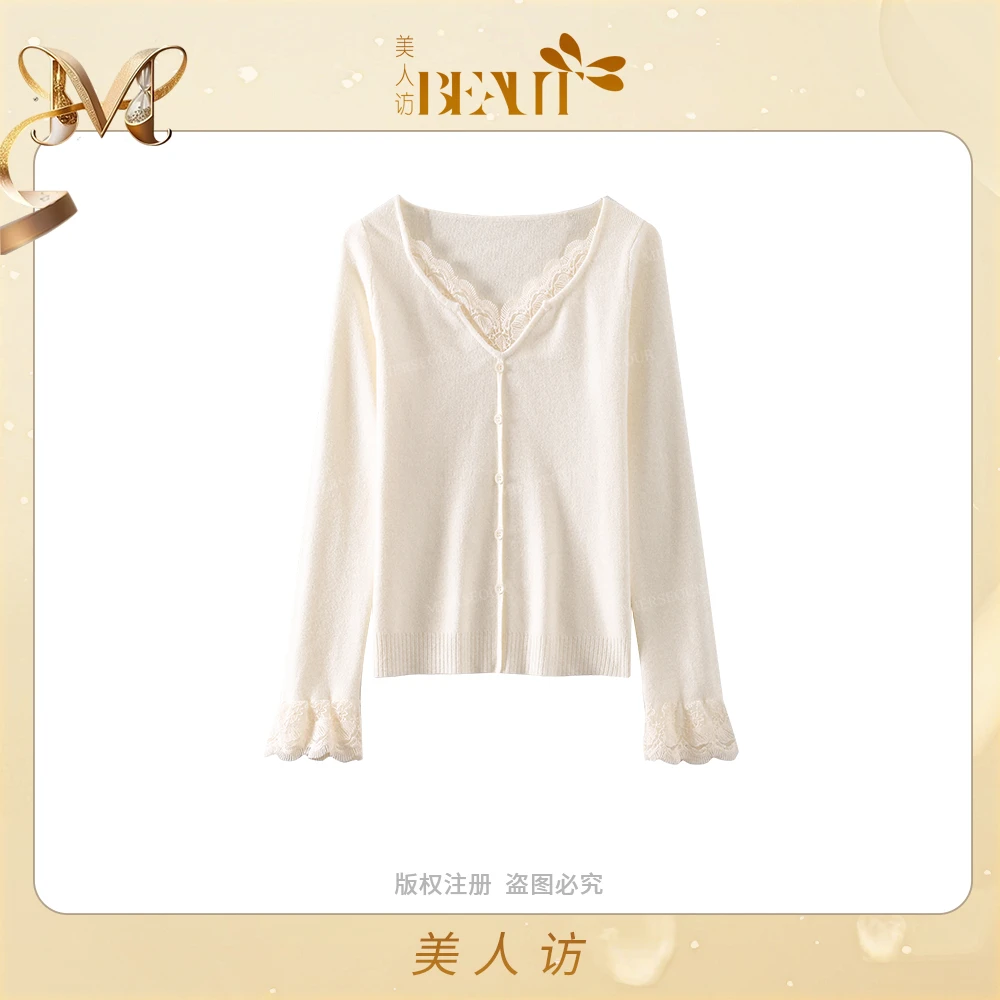美人访【云樱粉黛】秋冬长袖针织温柔蕾丝边修身套头内搭上衣10639