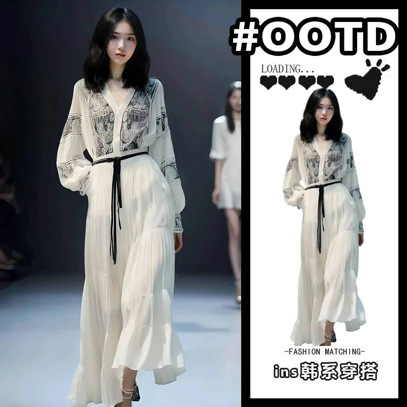 法式气质高端精致文艺复古气质女神范高级感印花白色雪纺连衣裙女