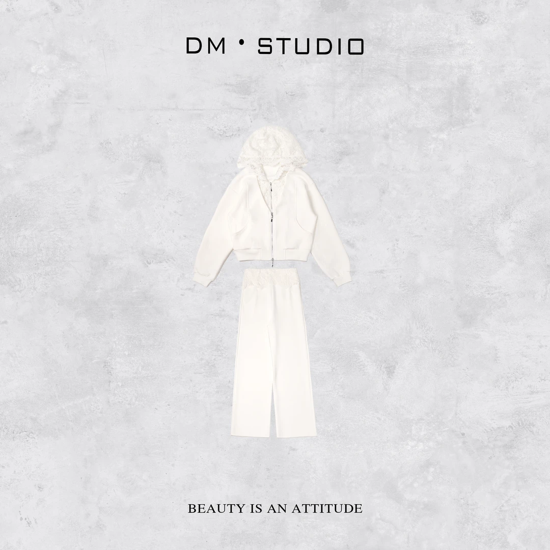 -DM•STUDIO/设计拼蕾丝连帽外套+蕾丝直筒阔腿裤套装（60658）