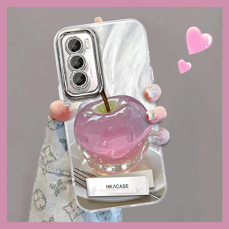 适用opporeno12pro精孔羽纱晶莹粉苹果网红创意支架全包手机壳女